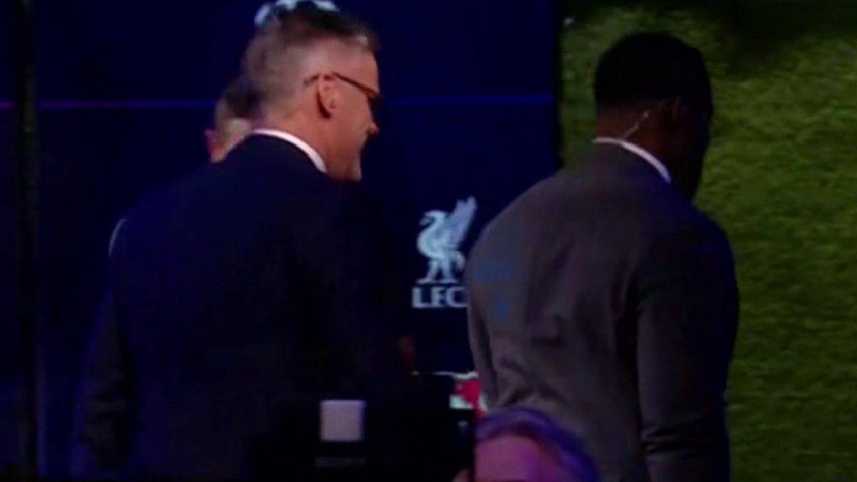 Jamie Carragher and Micah Richards walk off CBS Sports set after hearing what Alisson Becker said on the back of Liverpool win