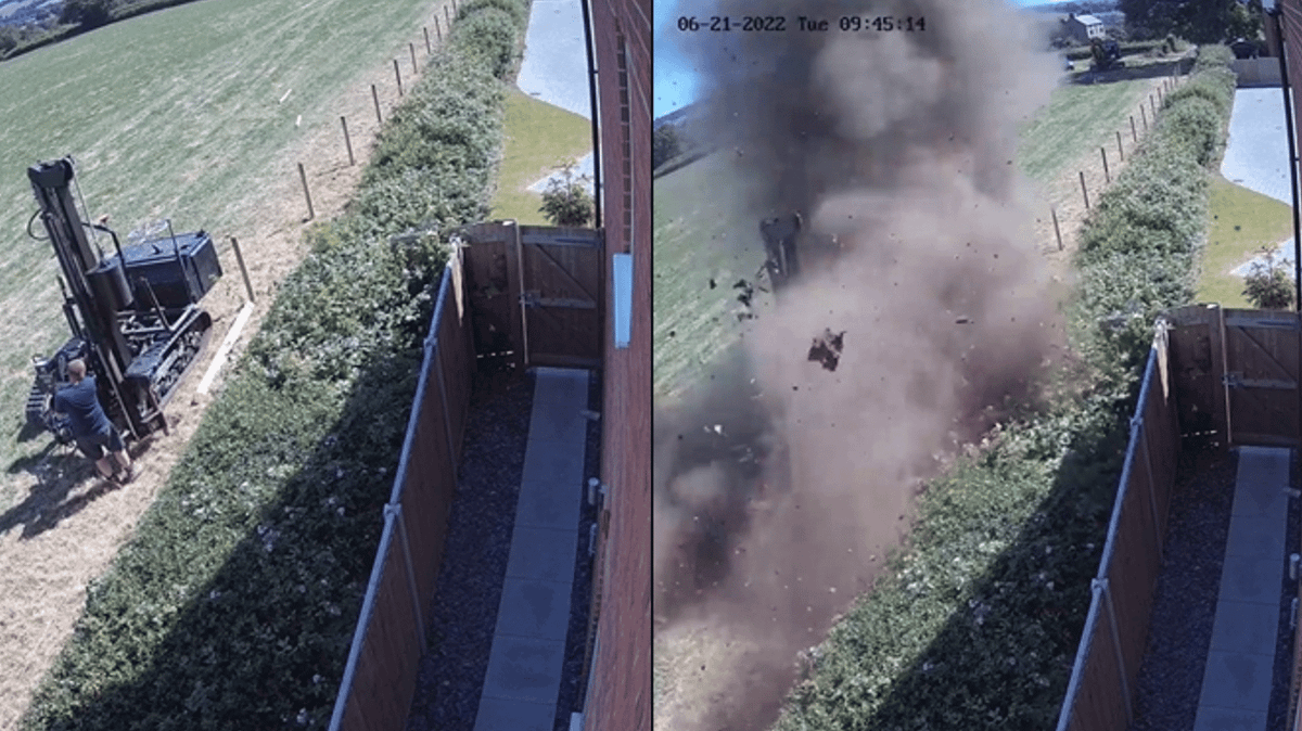 Shocking Moment Ground Explodes Beneath Man Building Fence In A Field ...
