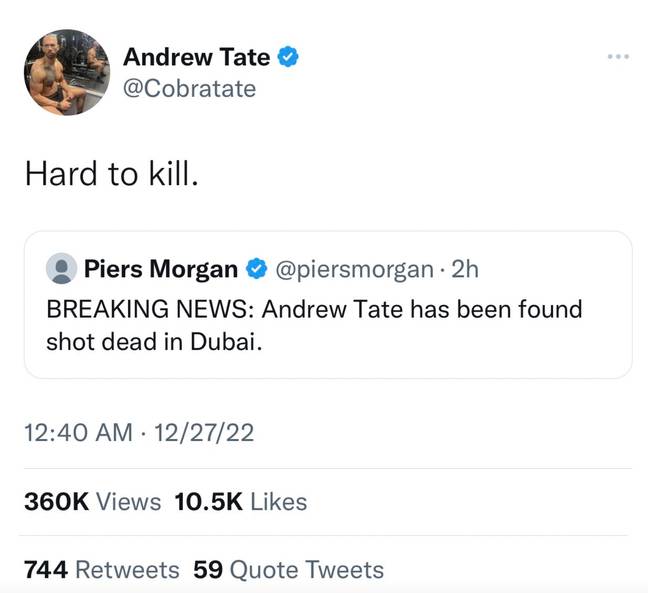 安德鲁·泰特（Andrew Tate）确认他还活着。图片来源：Twitter / Comratate