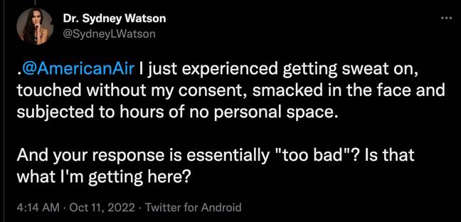 沃森博士对航空公司的回应没有逗乐。学分： @sydneylwatson/ Twitter