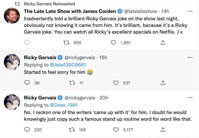 格瓦伊斯（Gervais）删除了他的最初反应，因为他对科登感到“抱歉”。学分： @rickygervais/twitter