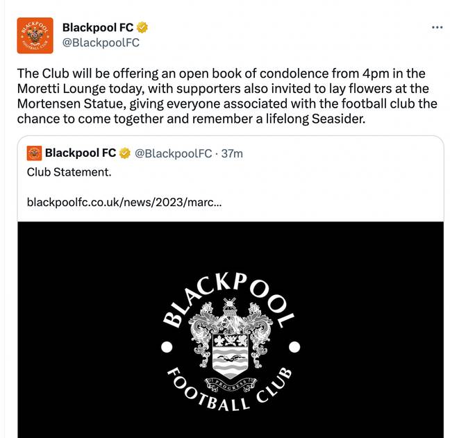布莱克浦足球俱乐部证实了约翰逊去世的消息。必威杯足球学分： @blackpoolfc/twitter