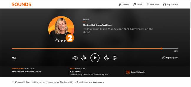 英国广播公司（BBC Sounds）网站仍然表示，佐伊·鲍尔（Zoe Ball）从6.30 am到9.30 am在广播中，并计划与尼克·格里姆肖（Nick Grimshaw）聊天，尽管情况似乎并非如此（BBC）。