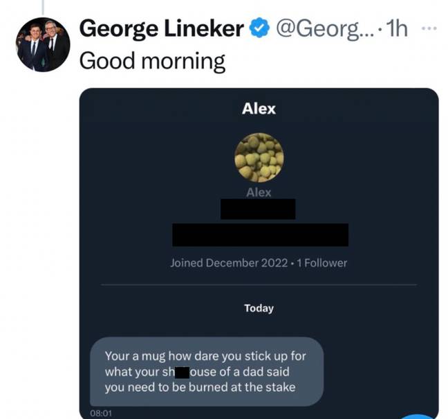 乔治收到了这一消息，以回应Lineker的评论。图片来源： @Georgelineker/Twitter