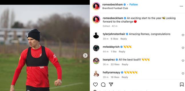 罗密欧·贝克汉姆（Romeo Beckham）正在为英超联赛B队效力。学分： @Romeobeckham/Instagram
