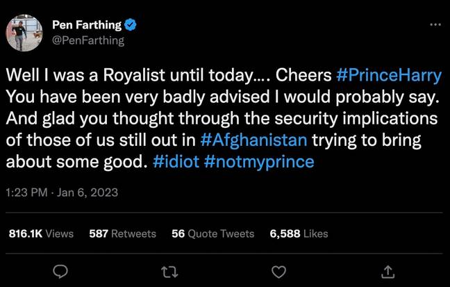 他说，由于哈利王子的书，彭·范特（Pen Farthing）不得不撤离喀布尔。信用：Twitter