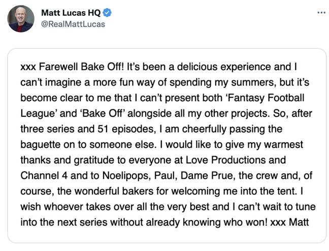 马特·卢卡斯（Matt Lucas）宣布他将离开大英国烘焙。信用：Twitter