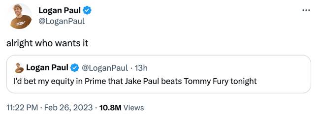 洛根·保罗（Logan Paul）提供了他在Prime的股份。信用：Twitter