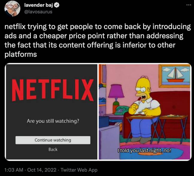 许多订户认为该决定实际上不会帮助Netflix保留订户。图片来源： @Lavosaurus/ Twitter