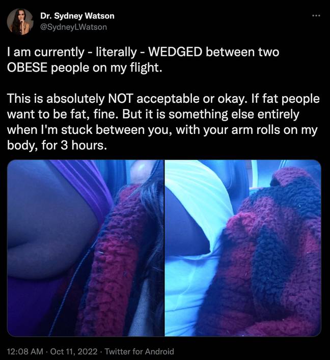 悉尼·沃森（Sydney Watson）博士上了Twitter，抱怨她在美国航空公司的航班上“陷入了两名肥胖者之间”。学分： @sydneylwatson/ Twitter