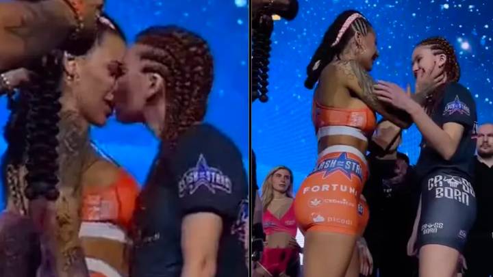 两名MMA战斗机在战前对峙中亲吻时令人惊讶的人群