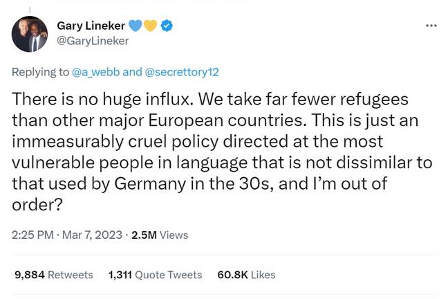 加里·莱恩克（Gary Lineker）批评政府的政策，以回应家庭办公室的录像带，声称他们“必须停止企图进入英国的移民”。图片来源：Twitter/@Garylineker