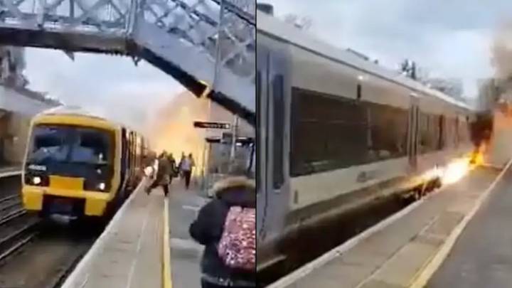 火车在平台上大火后，乘客奔跑着生命