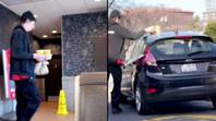 看到自己的汽车拉起后，麦当劳在麦当劳的左边吃饭完全困惑