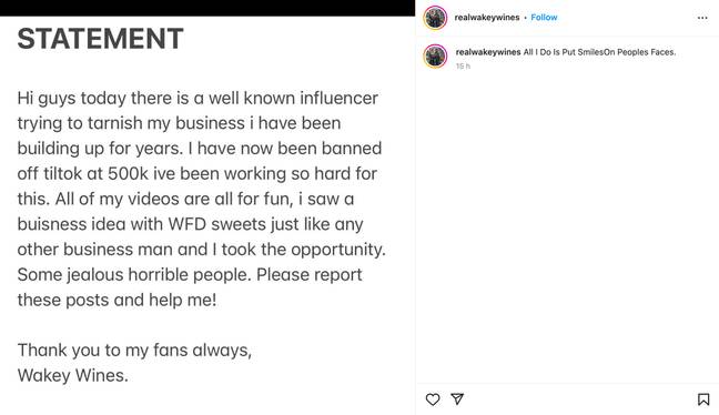 Wakey Wines通过Instagram发表了声明。信用：Instagram/@realwakeywines