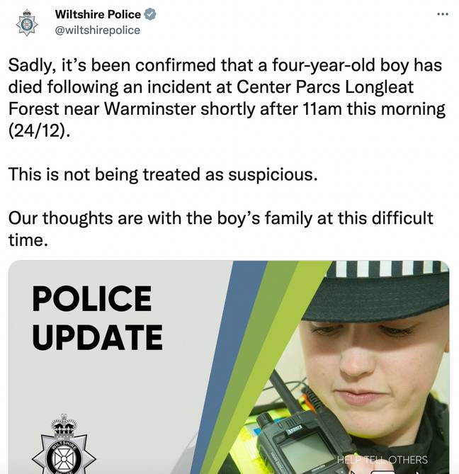 威尔特郡警方证实该男孩在事件发生后死亡。学分： @wiltshirepolice/Twitter