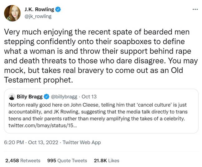 哈利·波特（Harry Potter）作家杰克·罗琳（JK Rowling）不喜欢诺顿的评论或对他们的支持。信用：Twitter