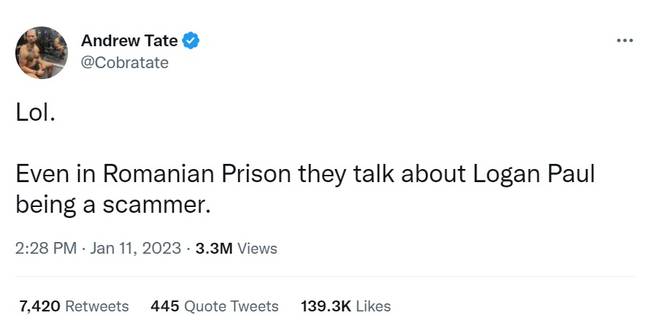安德鲁·泰特（Andrew Tate）声称，即使在罗马尼亚监狱中的人们也在洛根·保罗（Logan Paul）出发。信用：Twitter/@cobratate