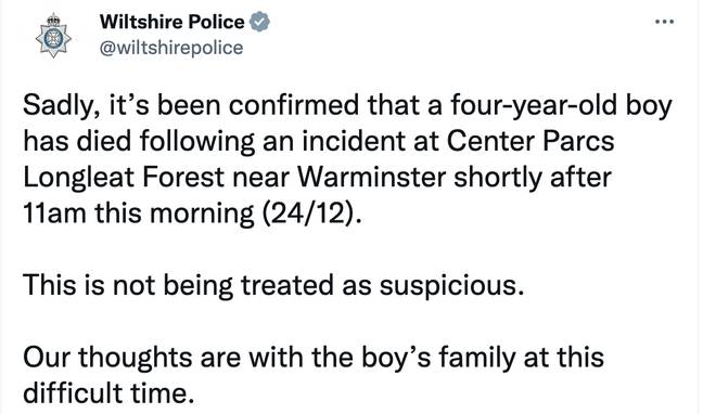 威尔特郡警方证实了这一悲惨新闻。必威杯足球信用：Twitter