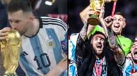 莱昂内尔·梅西（Lionel Messi）举起阿根廷的世界杯“loading=