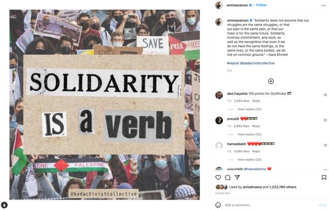 艾玛·沃特森（Emma Watson）的亲巴勒斯坦邮报（Pro-Palestinian Post）引发了争议。（信用：Instagram/@Emmawatson）