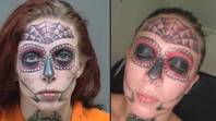 一整天死去的纹身头骨脸的女人经历激光去除