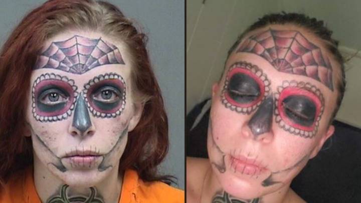 一整天死去的纹身头骨脸的女人经历激光去除