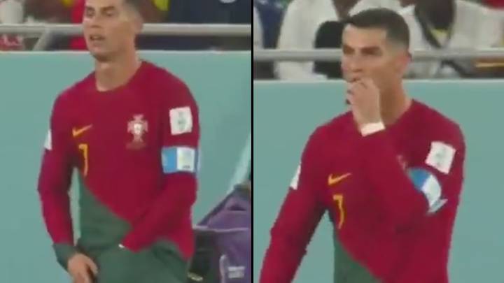 足球迷发现克里斯蒂亚诺·罗纳尔多（Cristiano Ronaldo）在世界杯比赛中吃点东西