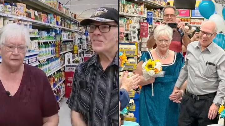 老年夫妇在他们第一次见面的杂货店结婚