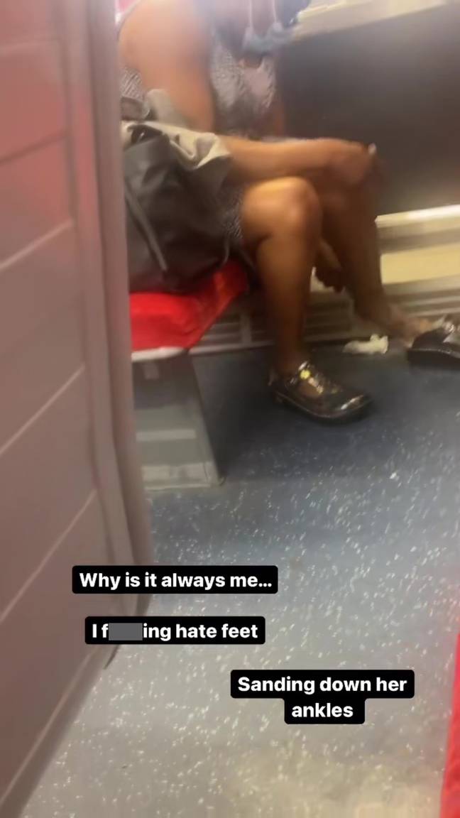 最近看到该名女子在伦敦火车上剃了脚。信用：果酱出版社