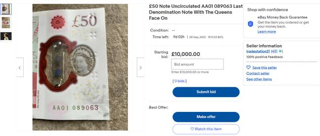 50英镑的笔记以10,000英镑的价格上市。信用：eBay