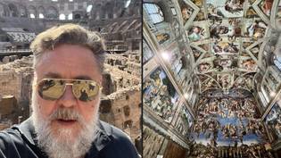 人们在私人旅行中为罗素·克劳（Russell Crowe）拍摄了西斯汀教堂的照片“loading=