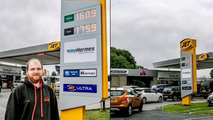 驾驶数英里的驾驶英国燃油站以1.60英镑的价格出售汽油
