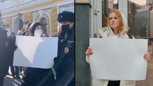 俄罗斯抗议者现在因挥舞空白标志而被捕