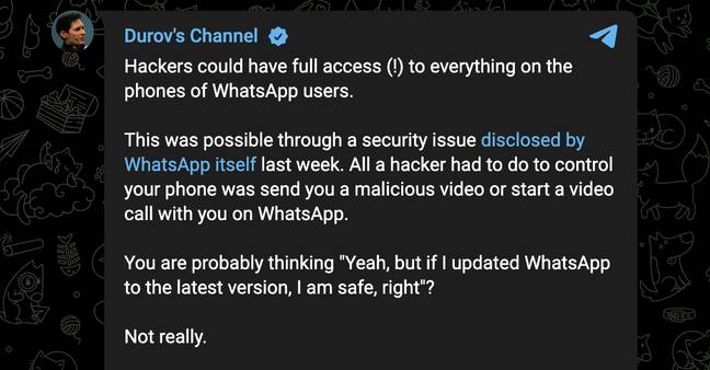帕维尔·杜罗夫（Pavel Durov）指责WhatsApp在电报的帖子中不安全。信用：杜罗夫的频道/电报
