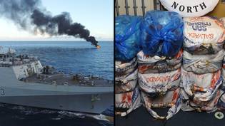 皇家海军在加勒比海载有2400万英镑可卡因的船上燃烧起火