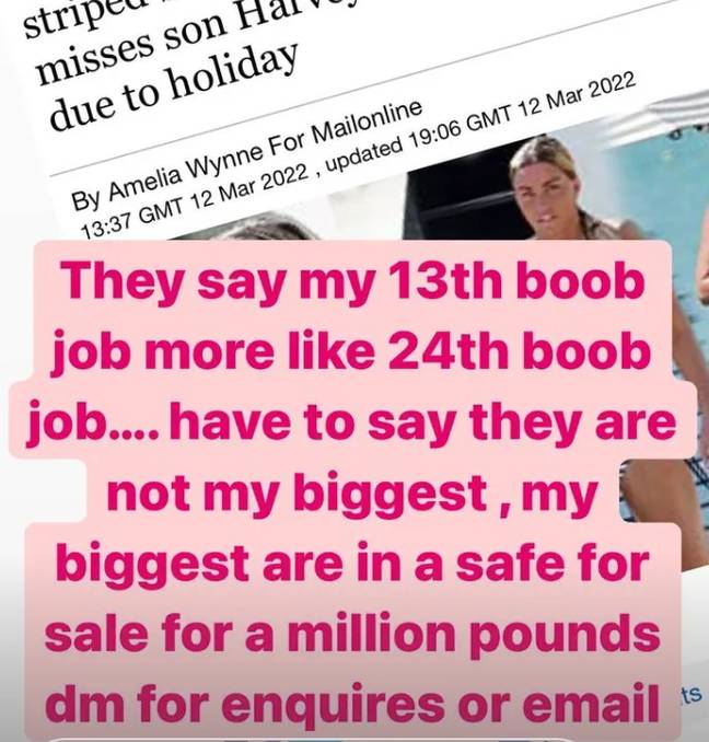 凯蒂·普莱斯（Katie Price）的Instagram故事证实了她的乳房已经出售。学分：Instagram/@katieprice