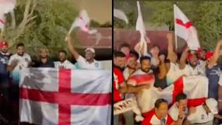 卡塔尔的英格兰球迷似乎唱着标志性的三狮歌错误“loading=