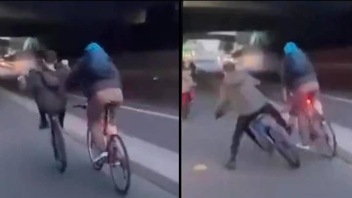 骑自行车的人把轮子骑手推开，并立即``业力''
