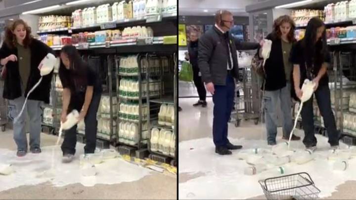 素食主义者猛烈抨击将牛奶倒在超市地板上，以发送消息