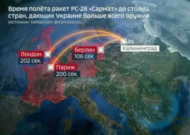 俄罗斯电视台播出了显示核攻击的模拟。信用：频道一/60分钟