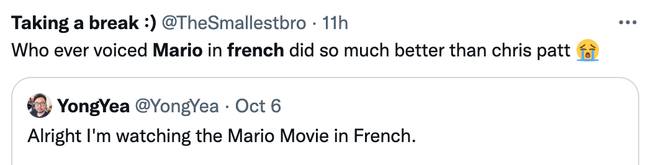 粉丝们说，马里奥的法国配音听起来比克里斯·普拉特（Chris Pratt）更好。学分： @thesmallestbro/Twitter