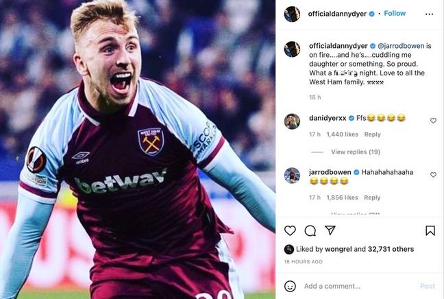 戴尔（Dyer）与西汉姆（West Ham）的胜利（West Ham）赢得了月球。信用：Instagram