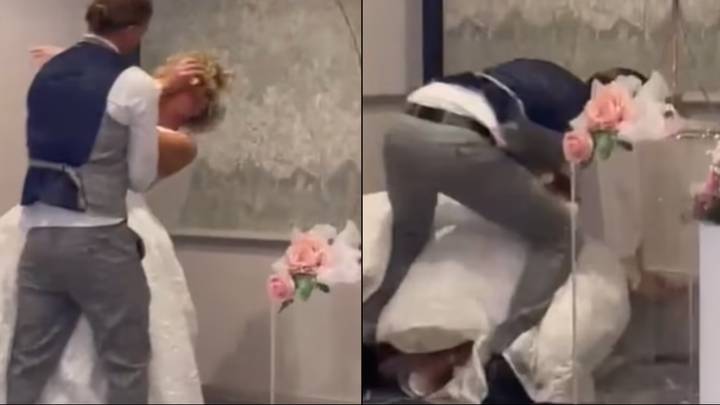 令人震惊的时刻丈夫在婚礼那天将蛋糕砸成新娘的脸