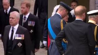 哈里王子和安德鲁王子到达了皇后的葬礼，穿着早晨西装“loading=