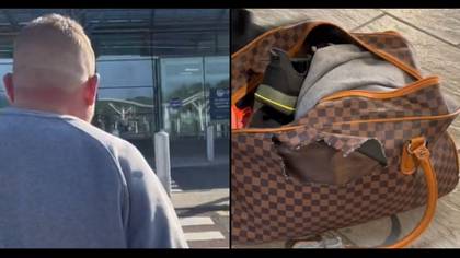 fuming烧笨蛋前往机场，用妻子隐藏手提箱后，终生袋子里的物品