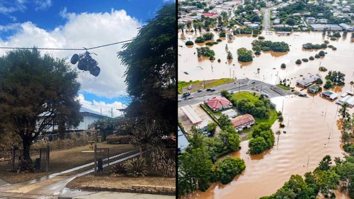 从电线上悬挂的四边形自行车显示了昆士兰州野外洪水的真实程度
