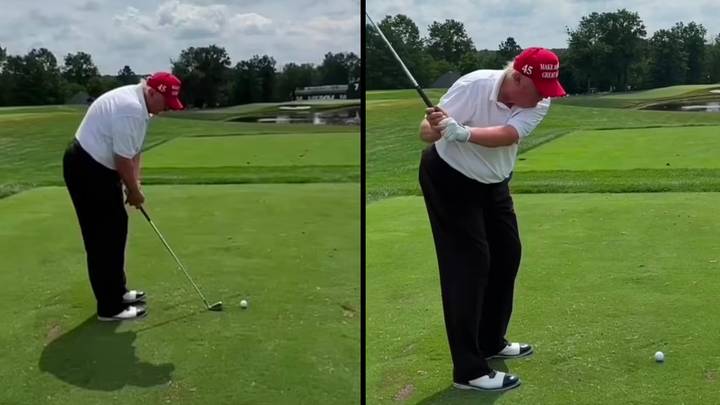 唐纳德·特朗普（Donald Trump）在自己的高尔夫球场上，因为“中国制造”的破碎挥杆