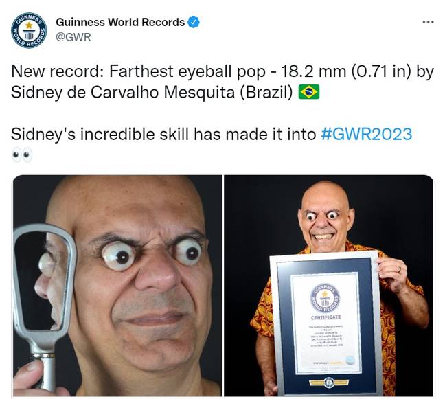 西德尼·德·卡瓦略·梅斯奎塔（Sidney de Carvalho Mesquita）夺得了吉尼斯世界纪录。信用：Twitter/@gwr