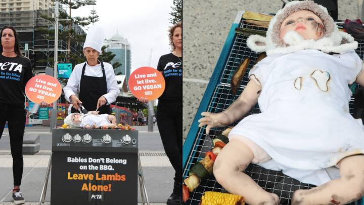 PETA抗议者烧烤A“婴儿”鼓励澳大利亚人吃少的肉